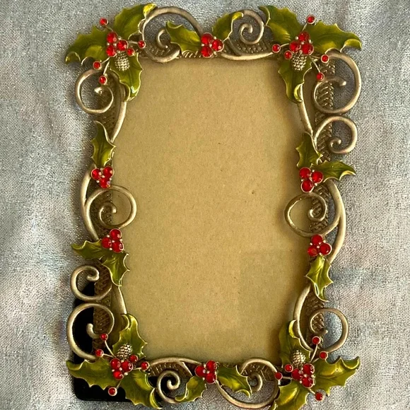 Festive Enamel Cast Metal 5x7 Picture Frame Silver With Green & Red - Picture 3 of 9